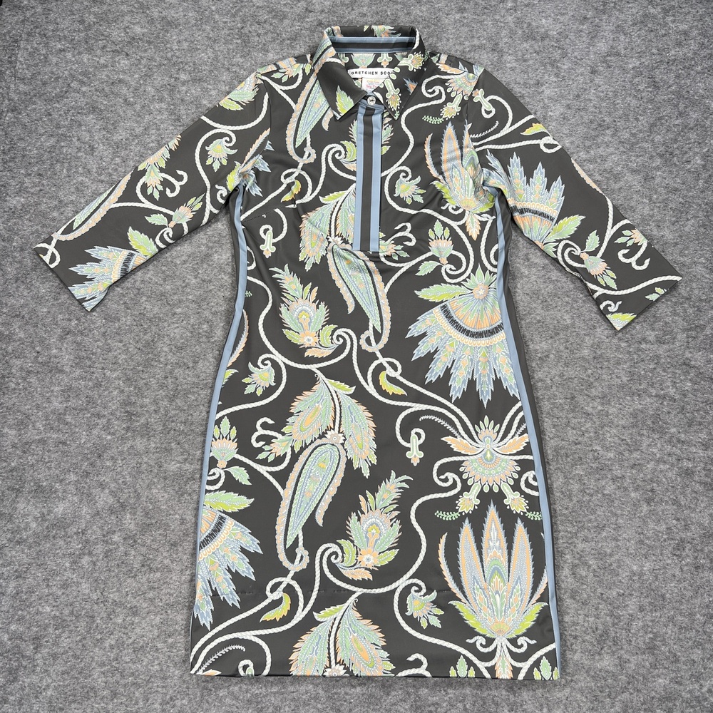 Gretchen Scott Shirt Dress Womens XS Black Green Paisley Collared Button FLAW